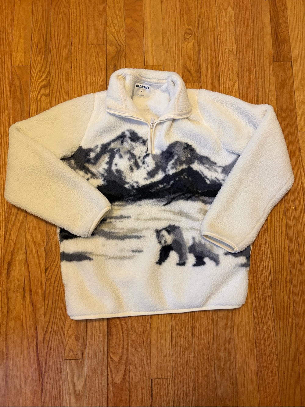 Old Navy Cream Sherpa Half-Zip Pullover with Mountain & Bear Motif
